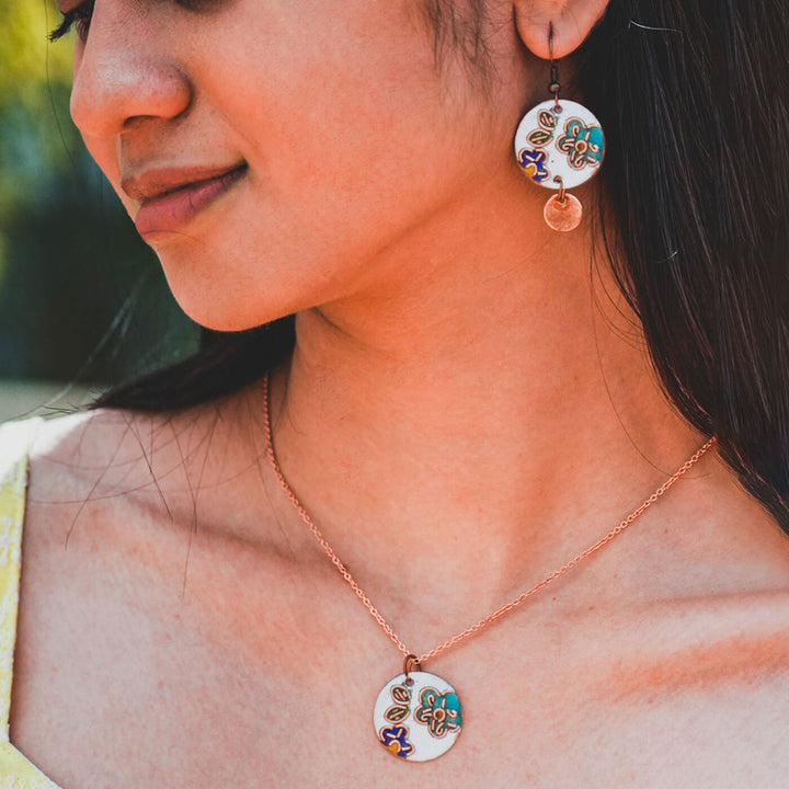 Handmade Copper Enamelled Phool Earrings and Necklace