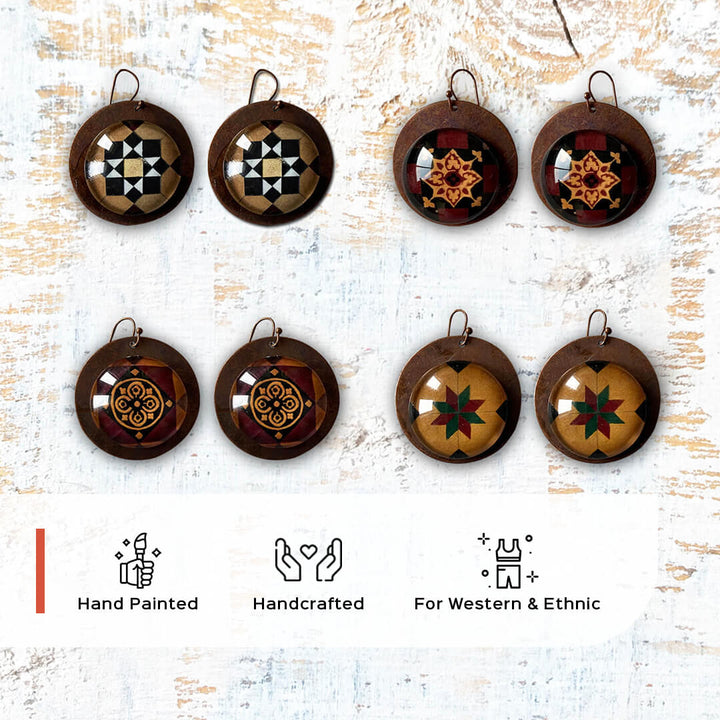 Brown Minton Tile Copper Earrings - Flower