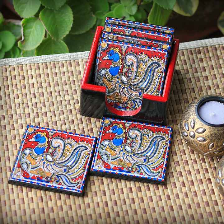 Decoupage Pine Wood Kalamkari Peacock Coasters | Set of 6