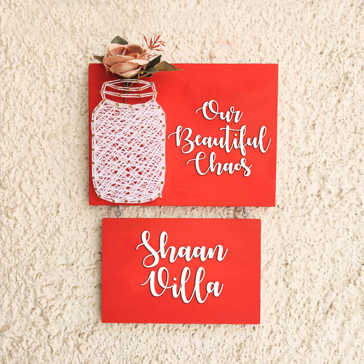 Our Beautiful Chaos Mason Jar String Art Personalised Name Plate - Mounted on Wall Display