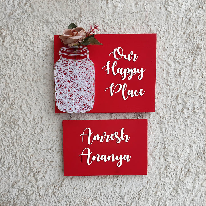 Our Happy Place Mason Jar String Art Personalised Name Plate - Mounted on Wall with Flower Accent