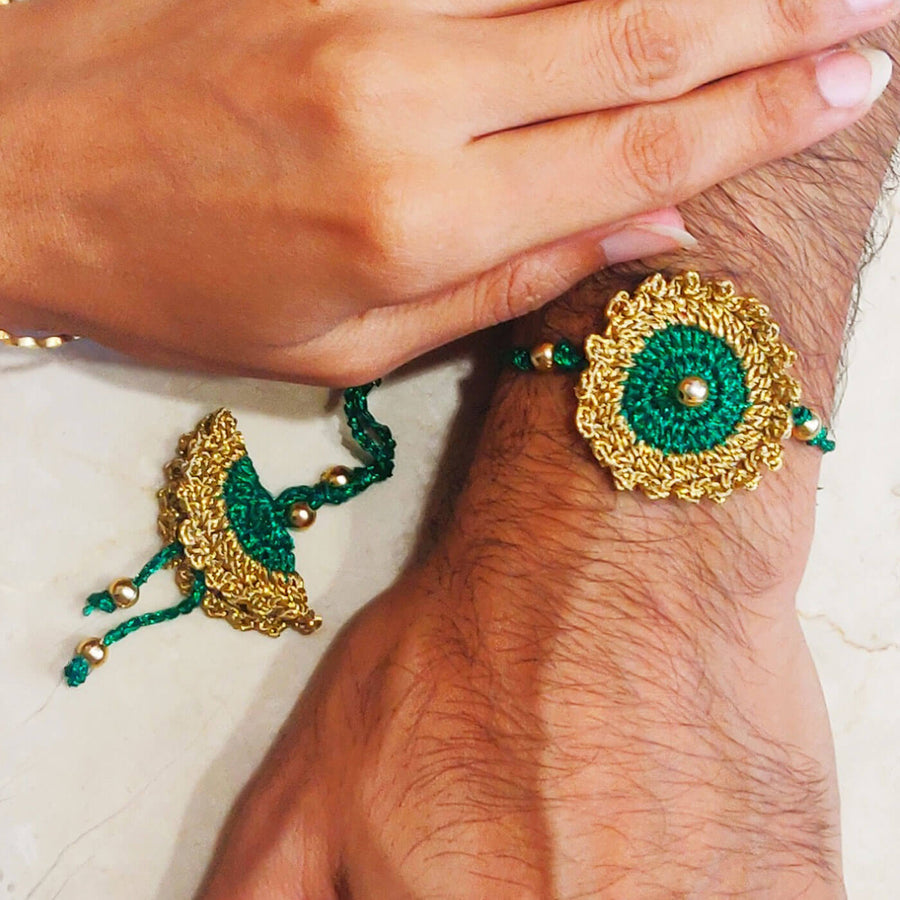 Emerald Green Bhaiya Bhabhi Lumba Rakhi Set - Worn on male and female wrists