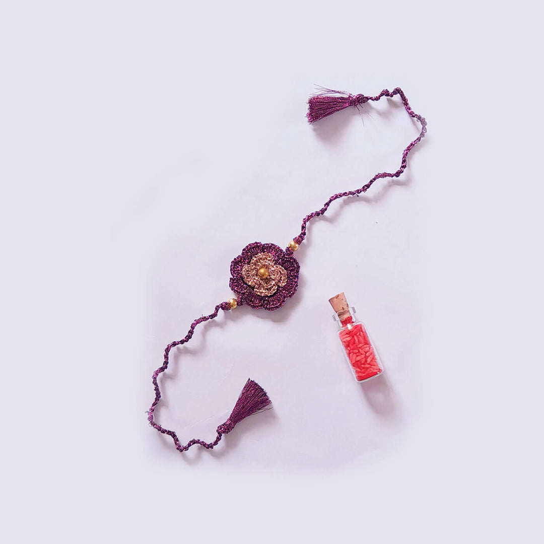 Double Flower Zari Rakhi Set Of 2 - Flat Lay Single Floral Rakhi