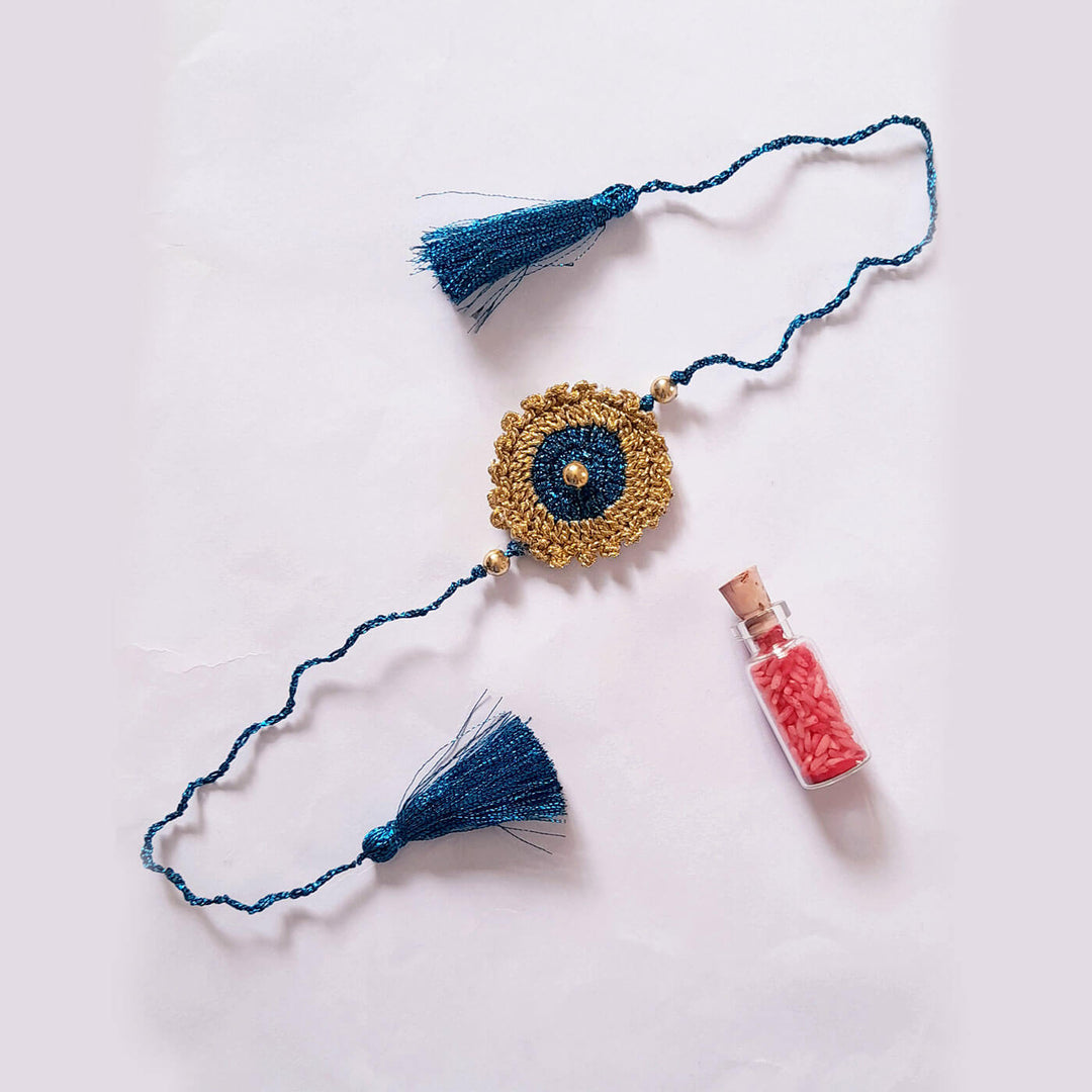 Peacock Blue Gold Bhaiya Bhabhi Lumba Rakhi Set - Laid Flat with Product Scale
