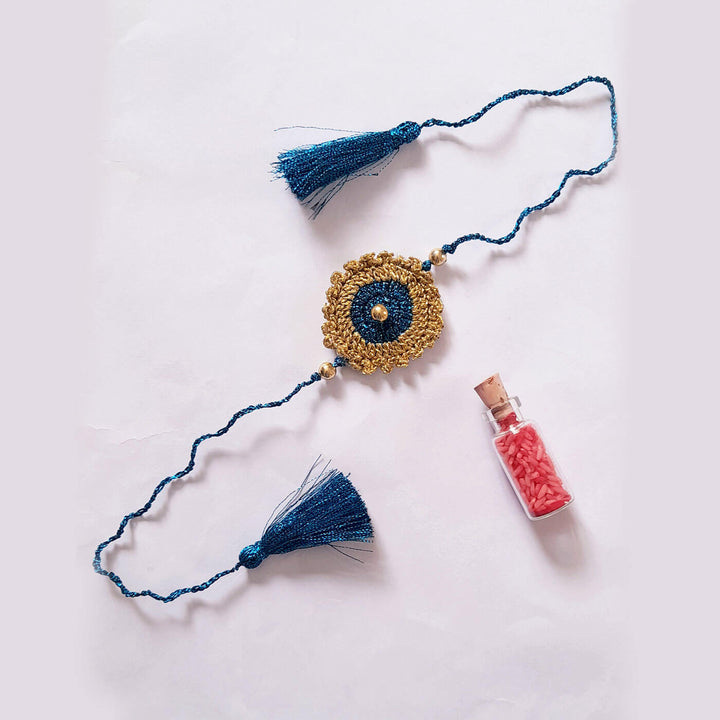 Peacock Blue Gold Bhaiya Bhabhi Lumba Rakhi Set - Laid Flat with Product Scale