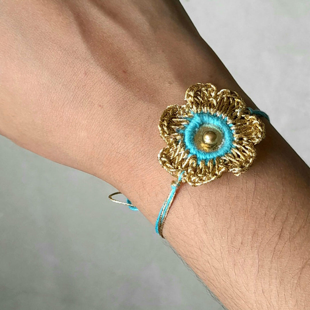 Turquoise Pink Gold Sequin Zari Rakhi Set - Worn on Wrist