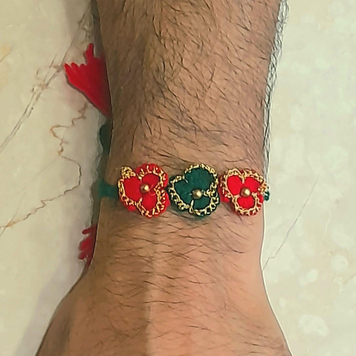Crochet Rakhi Set Three Flowers - Close-up Wrist View
