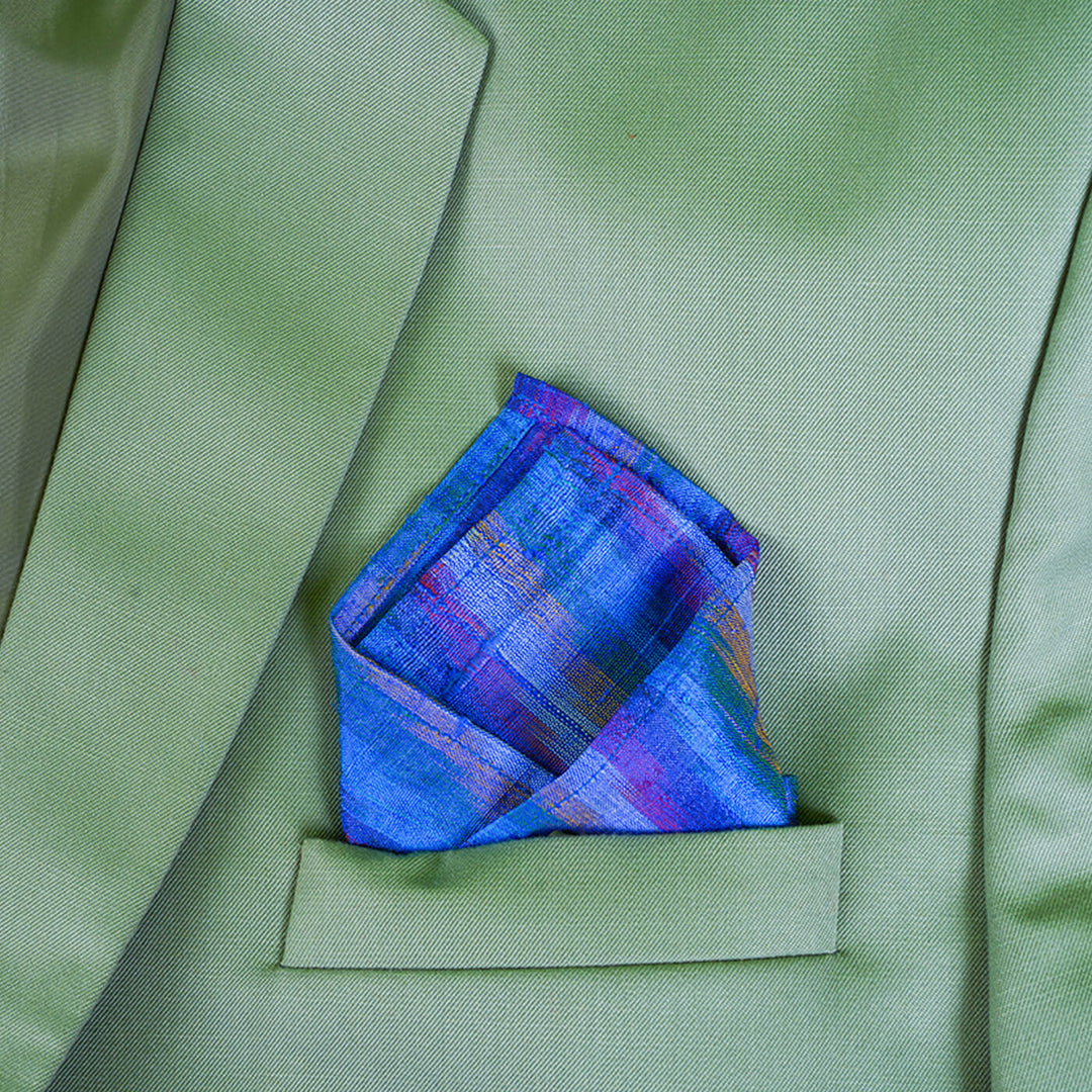 Raw Silk Pocket Squares in Blue Striped Ikat & Solid Magenta - Set of 2