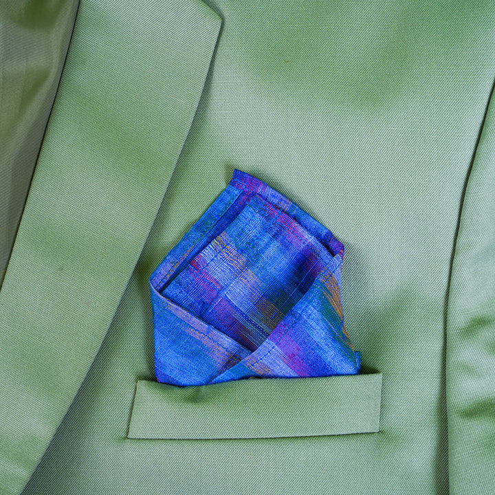 Raw Silk Pocket Squares in Blue Striped Ikat & Solid Magenta - Set of 2