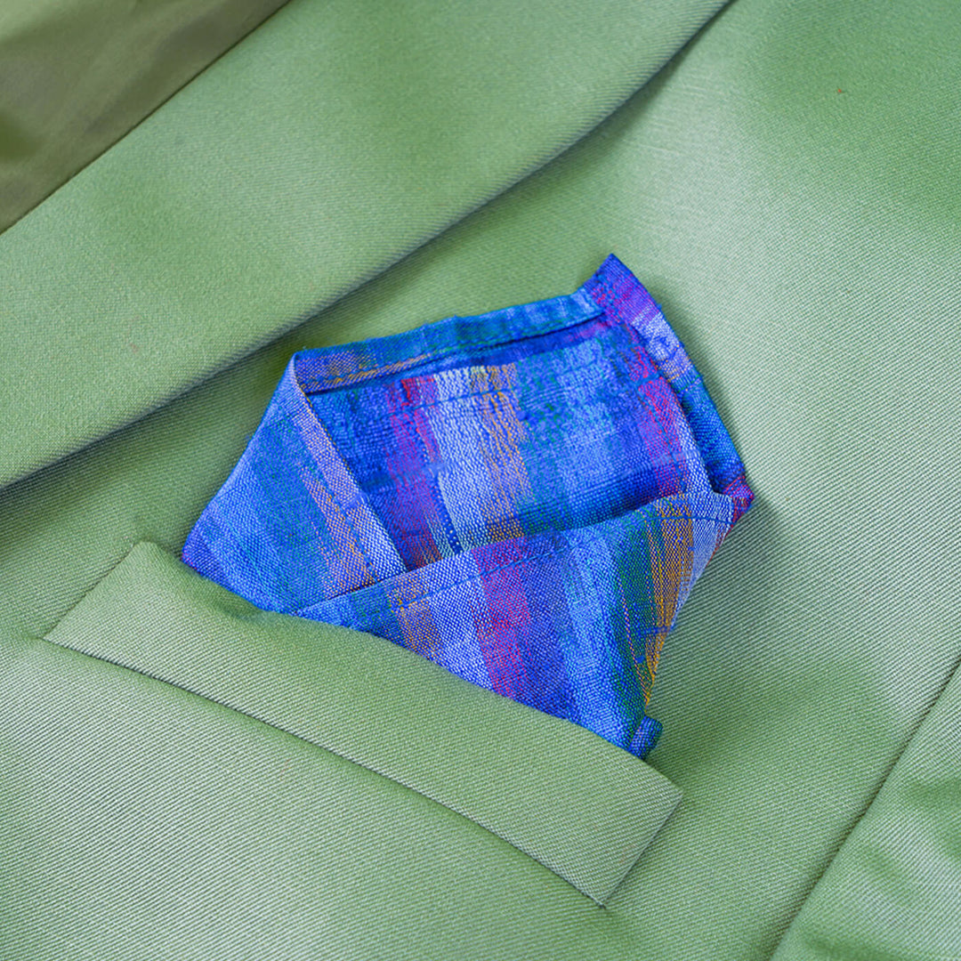 Raw Silk Pocket Squares in Blue Striped Ikat & Solid Magenta - Set of 2