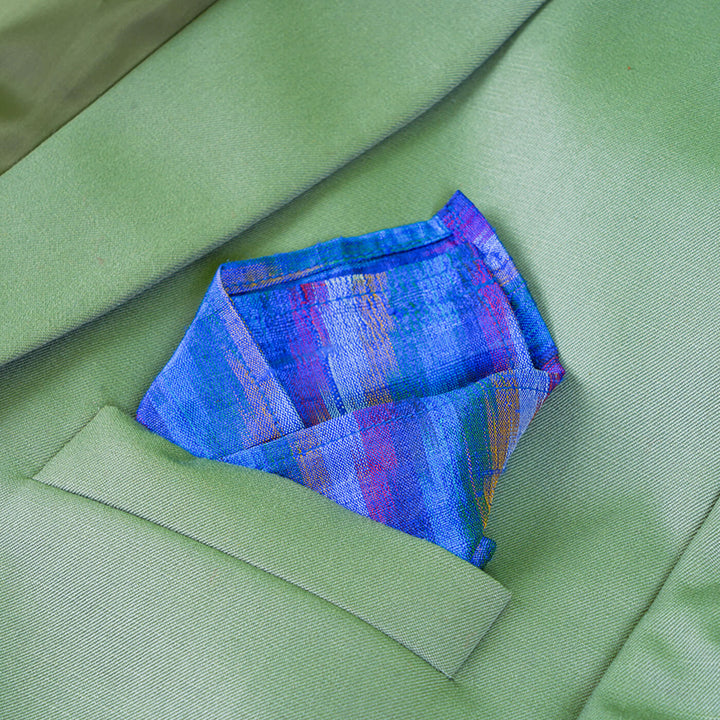Raw Silk Pocket Squares in Blue Striped Ikat & Solid Magenta - Set of 2