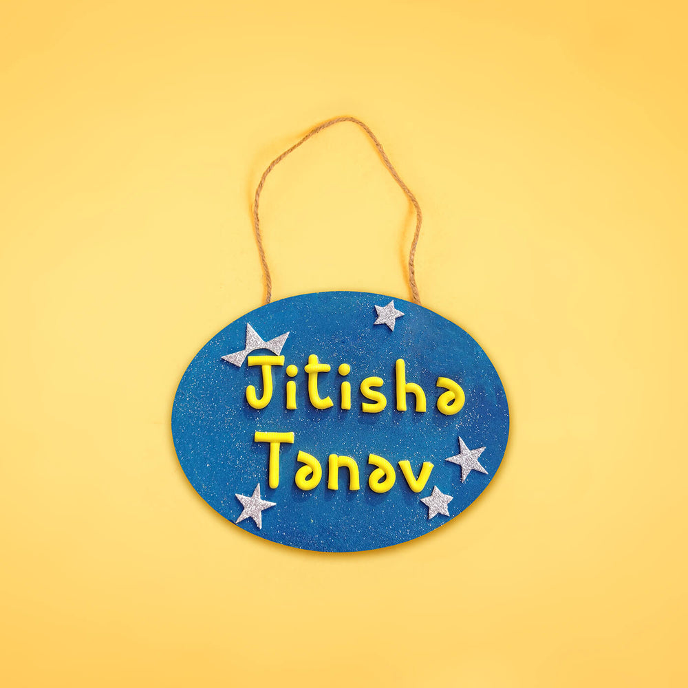 Night Sky Clay Siblings Name Plate - Hanging Name Personalization Example