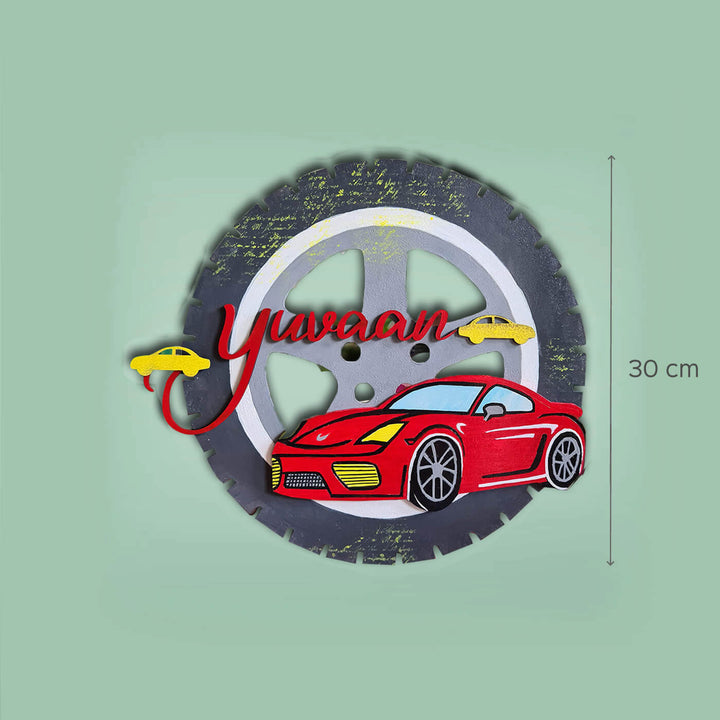 Car With Tyre Name Plate For Kids - Dimension Chart with Product Display