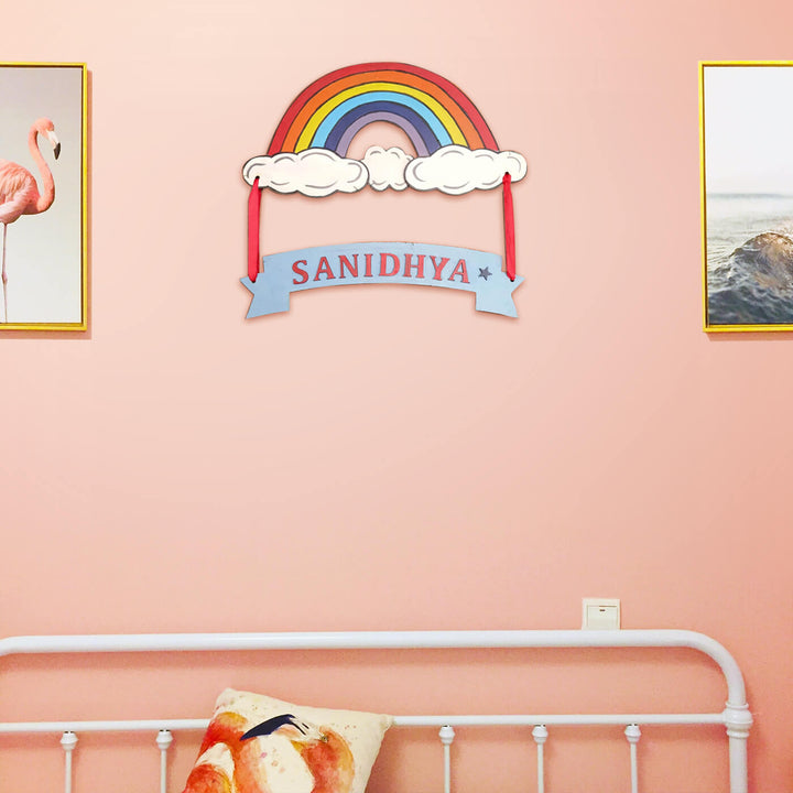 Rainbow Theme Kids Name Plate - Mounted on Bedroom Wall Above Bed