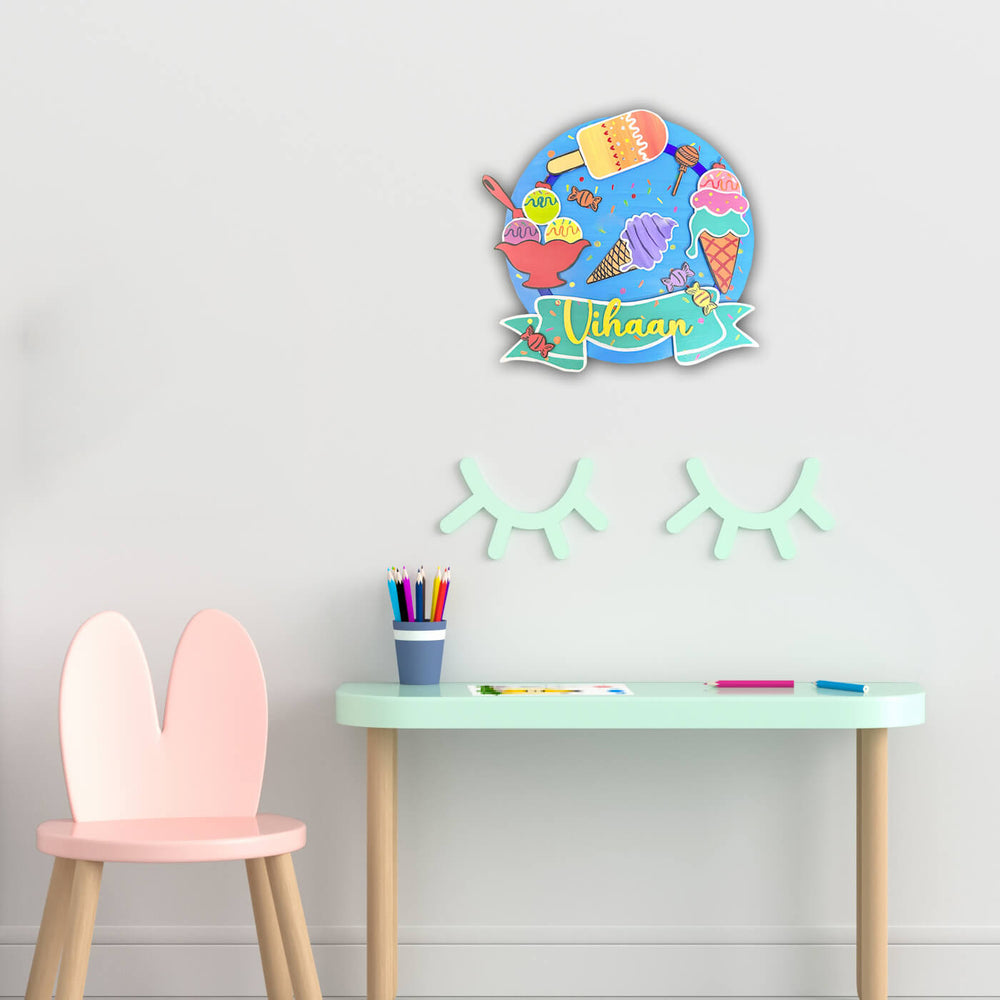 Hand Painted Ice Cream Theme Personalised Boys Name Plate - Mounted on Wall Above Desk Setup