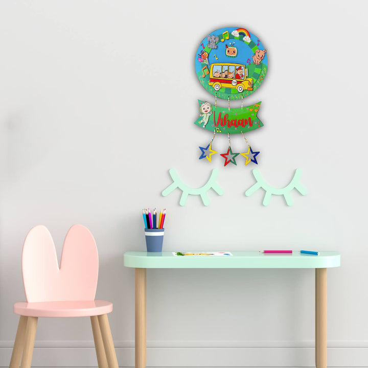 Hand Painted Cocomelon Theme Personalised Hanging Kids Name Plate - Mounted on wall above desk