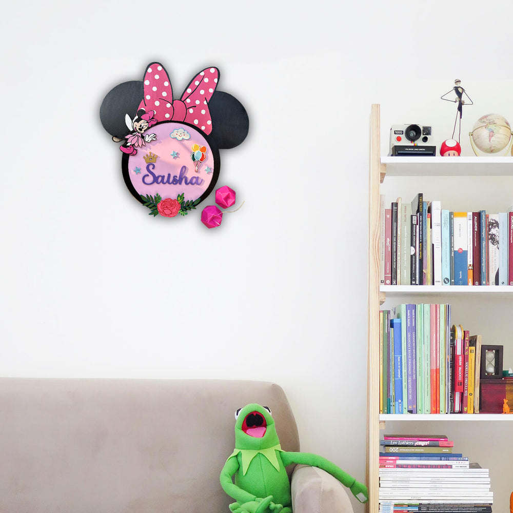 Hand Painted Minnie Mouse Theme Personalised Kids Name Plate - Mounted on Wall Above Sofa