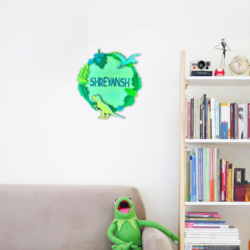 Hand Painted Dinosaur Theme Personalised Kids Nameplate - Mounted on Living Room Wall