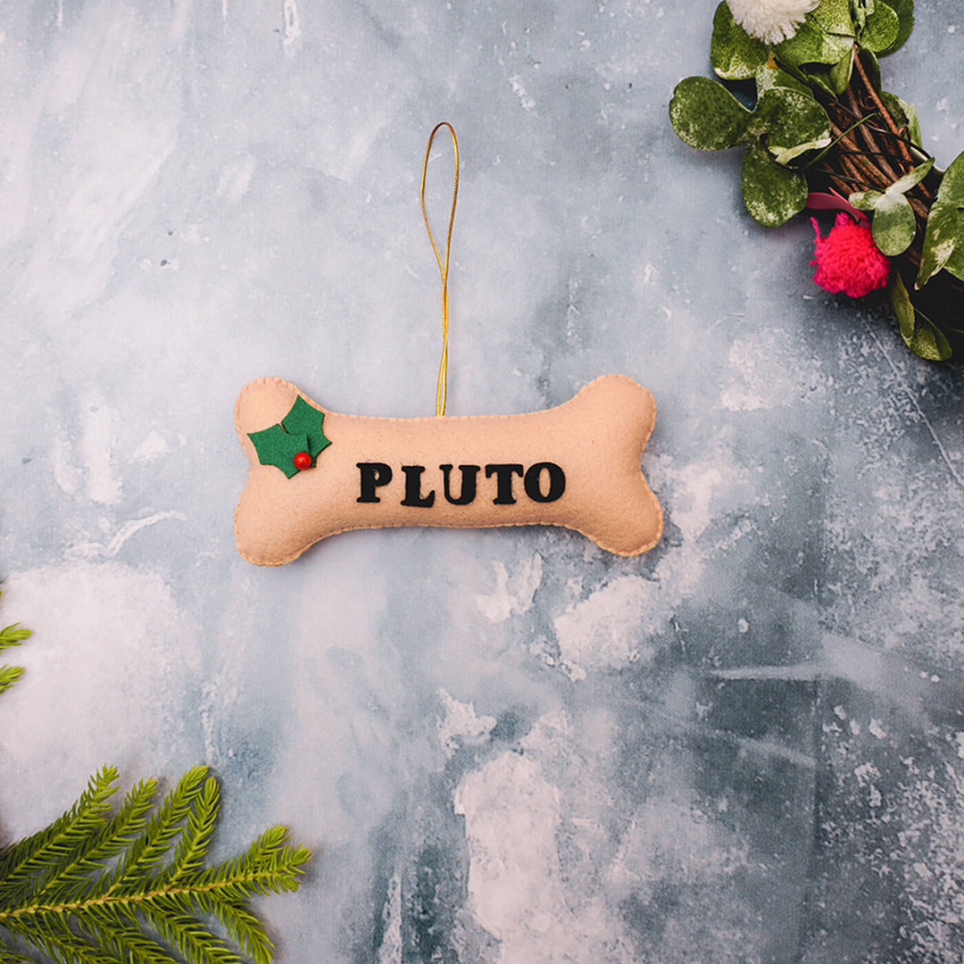 Handmade Personalized Puppy & Bone Felt Ornaments For Christmas Tree Decoration | Set Of 2