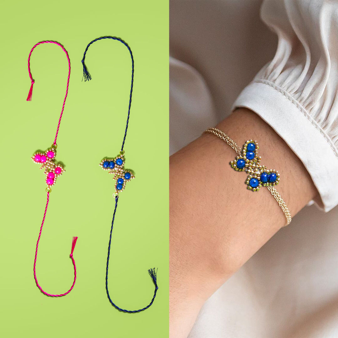 Handcrafted Bhaiya Bhabhi Round Rakhi Set Green - Bracelets on wrist and display