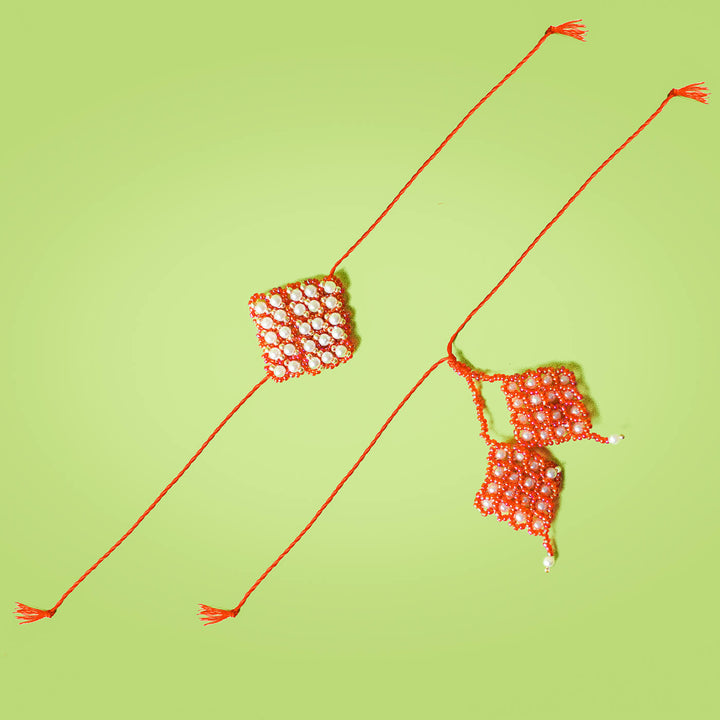 Handcrafted Bhaiya Bhabhi Square Rakhi Set Red - Duplicate Front View with Two Designs