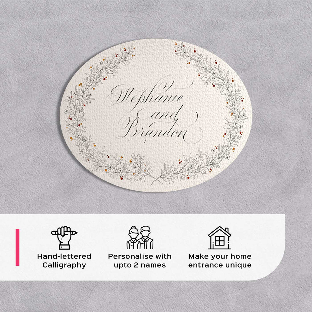 Delicate Calligraphy White Floral Name Plate - Top View Showing Calligraphy Personalization