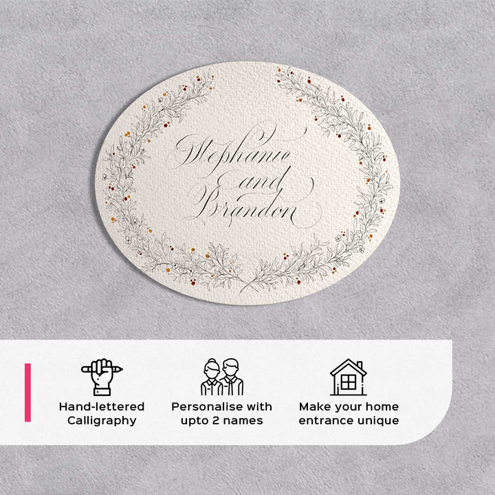 Delicate Calligraphy White Floral Name Plate - Top View Showing Calligraphy Personalization