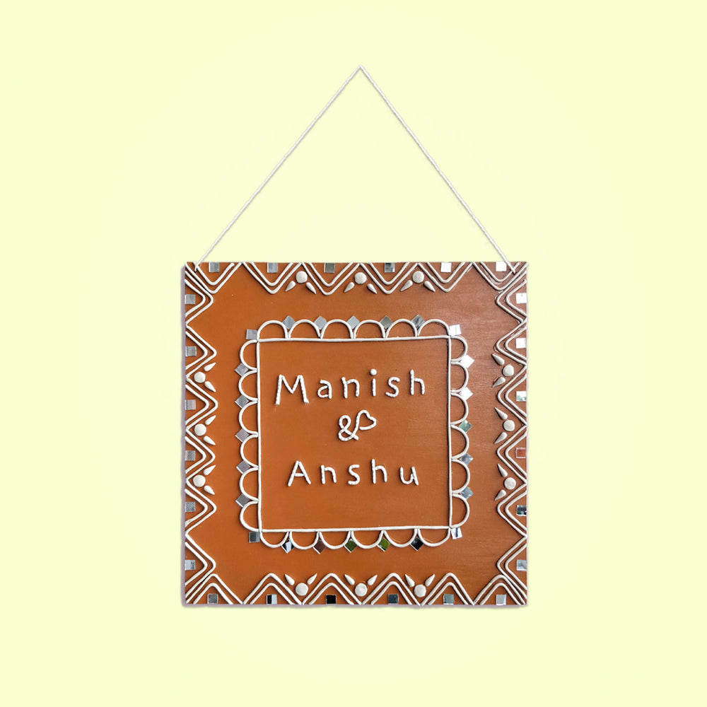Mirror Art Name Plate For Couples - Hanging Front View with Names
