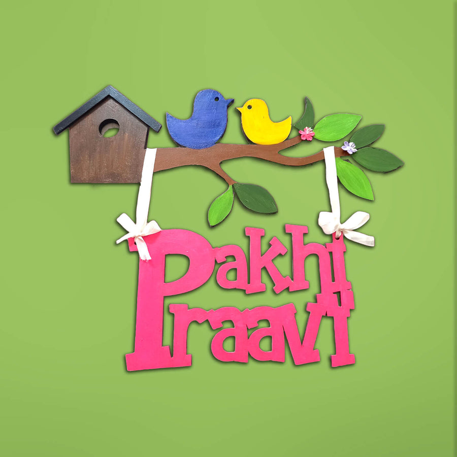 Little Birdie Kids Name Plate For Siblings - Front View on Green Background