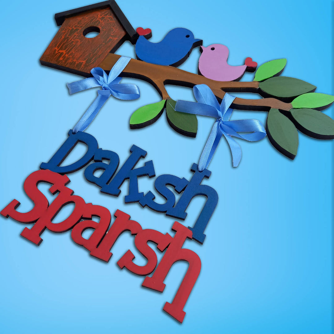 Little Birdie Kids Name Plate For Siblings - Name Personalization Example Hanging Close-up