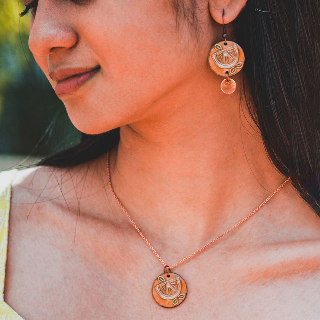 Handmade Copper Enamelled Nimbuzz Necklace and Earrings