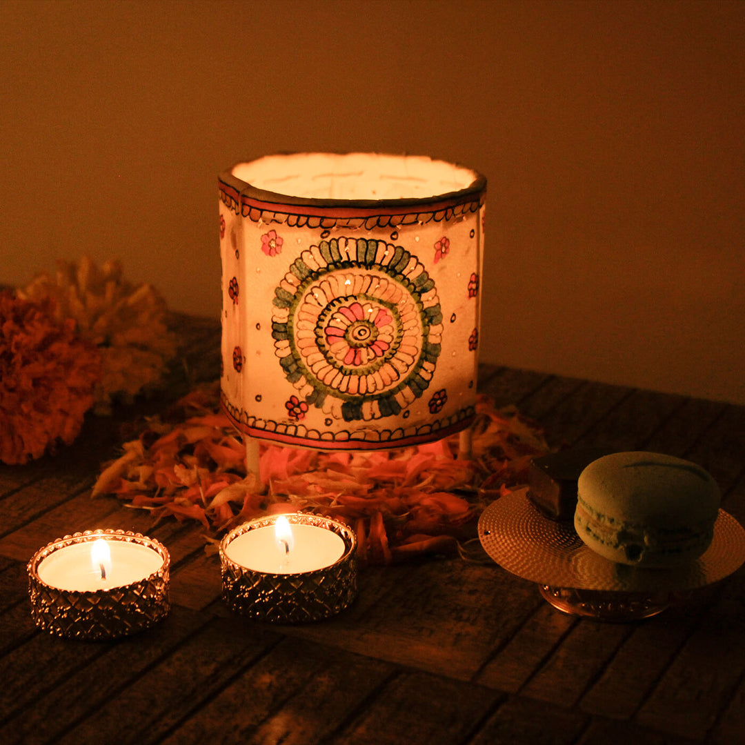 Hand Painted Floral Round Tholu Bommalata Tealight Lamp | 6 inches