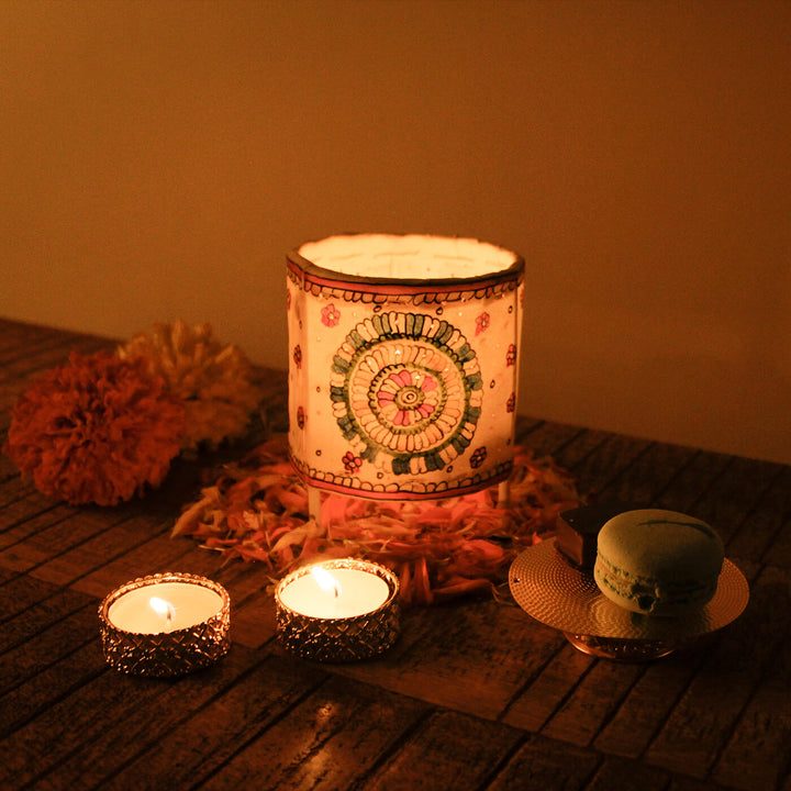 Hand Painted Floral Round Tholu Bommalata Tealight Lamp | 6 inches