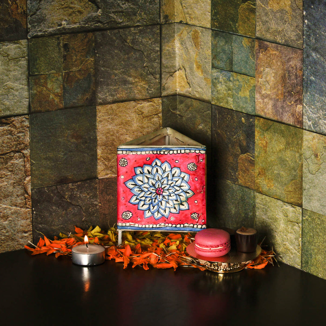 Hand Painted Parchment Leather Tholu Bommalata Tealight Lamp | 4 inches