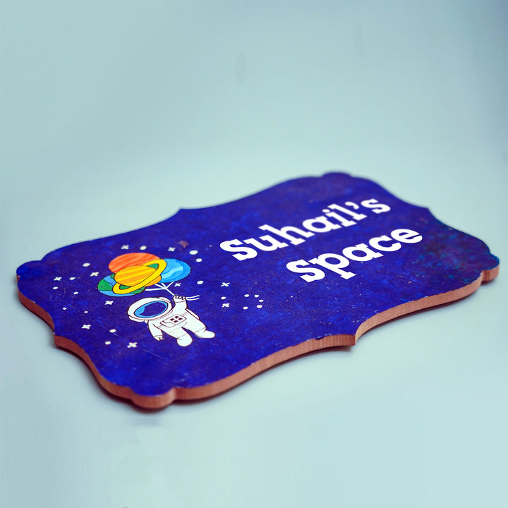 Handpainted Victorian Rectangle Space Theme Kids Name Plate - Angled Top-Down View Showing Thickness