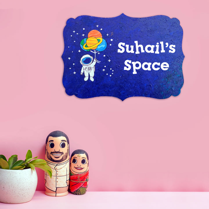 Handpainted Victorian Rectangle Space Theme Kids Name Plate - Mounted on Pink Wall Display