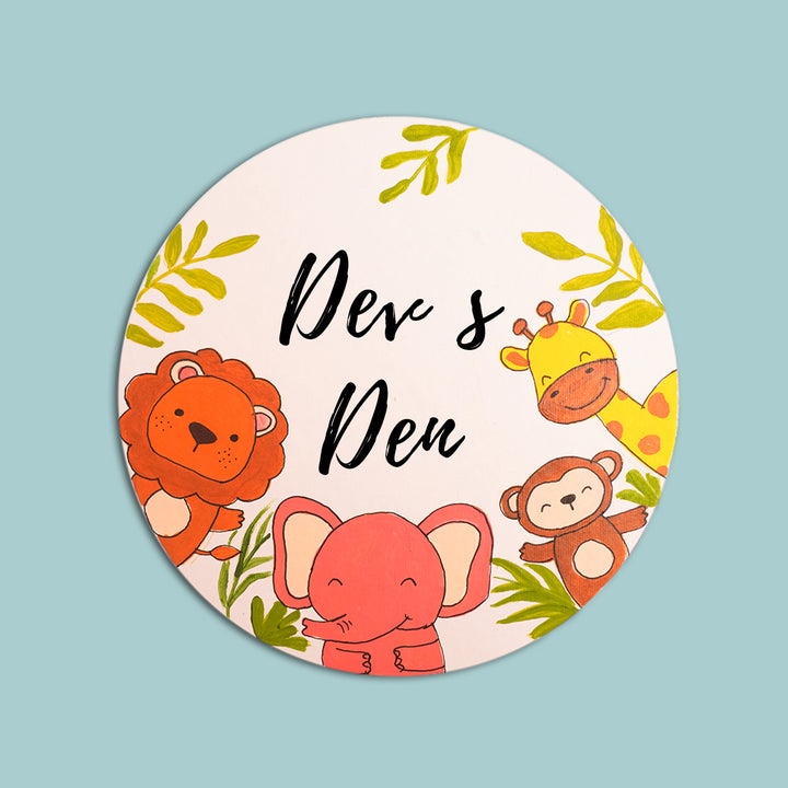 Handpainted Round Jungle Theme Kids Name Plate - Front View with Name Personalization
