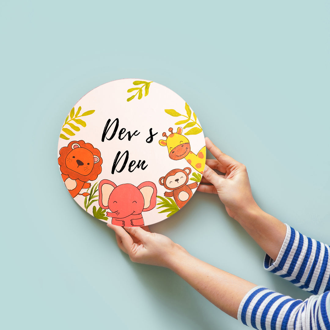 Handpainted Round Jungle Theme Kids Name Plate - Name Personalization Example Held by Hands