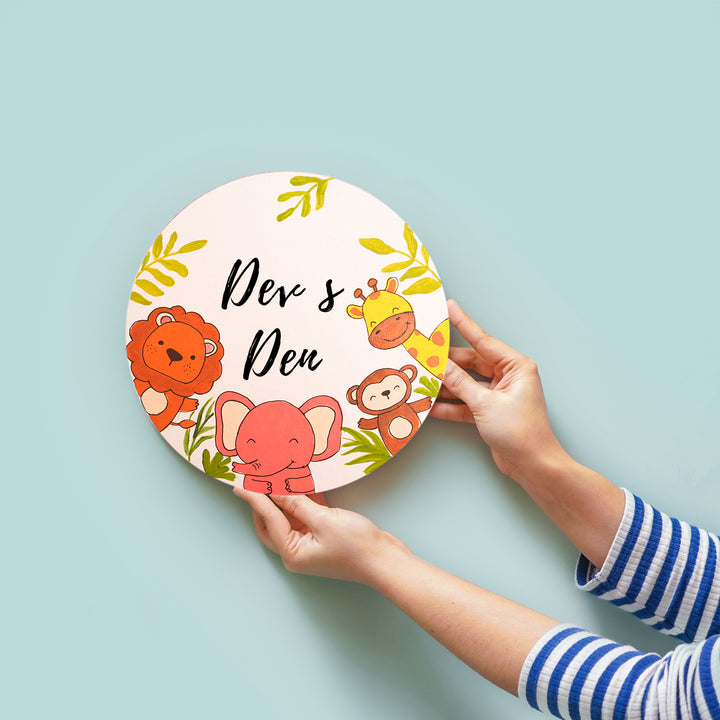 Handpainted Round Jungle Theme Kids Name Plate - Name Personalization Example Held by Hands