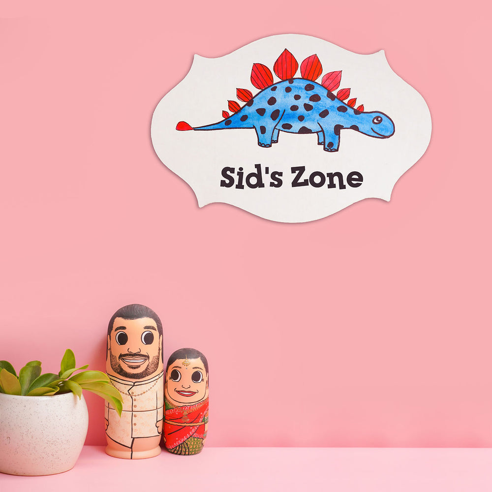 Handpainted Victorian Rectangle Dinosaur Theme Kids Name Plate - Mounted on Pink Wall Display