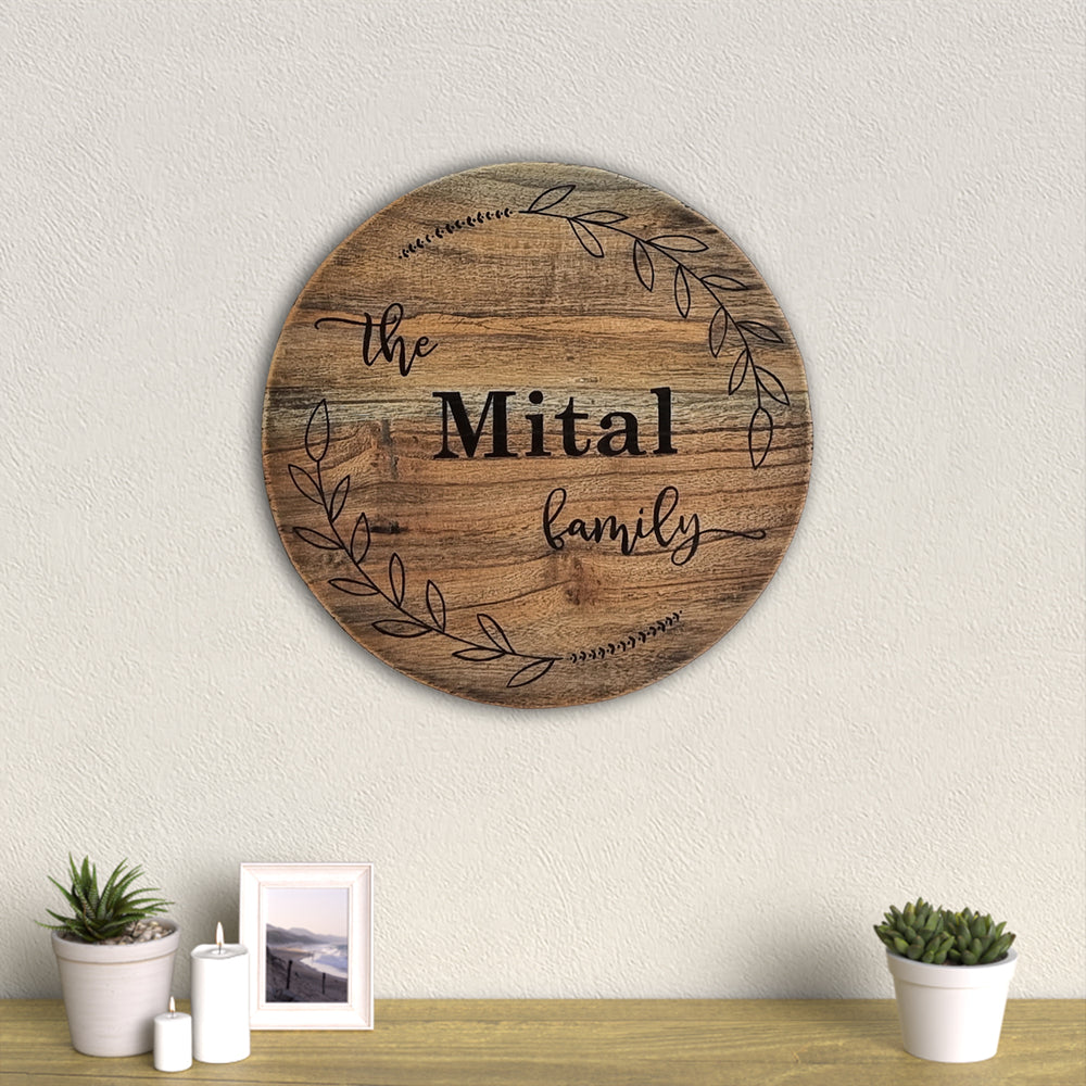 Round Rustic Wood Hand Painted Family Name Plate - Mounted on Wall with Decor