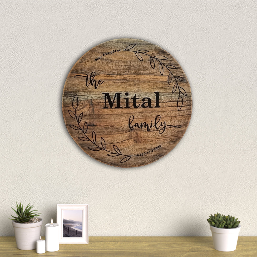 Round Rustic Wood Hand Painted Family Name Plate - Mounted on Wall with Decor