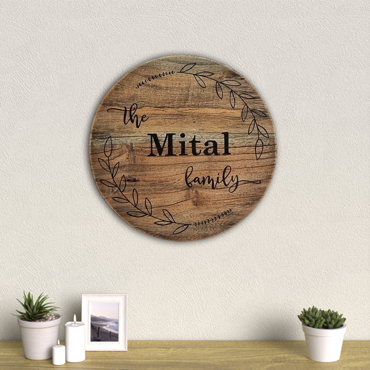 Round Rustic Wood Hand Painted Family Name Plate - Mounted on Wall with Decor