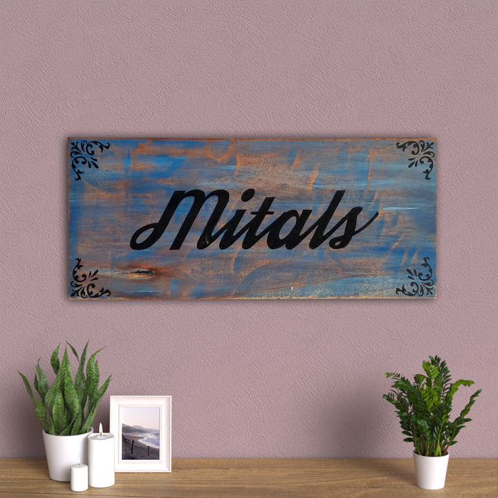 Rustic Wood Hand Painted Rectangular Family Name Plate - Mounted on Wall Above Table