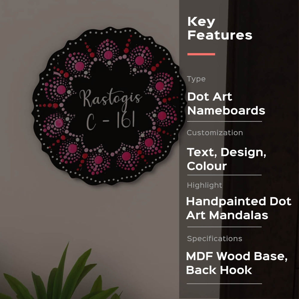 Circular Dot Art Name Plate Family Name With House Number - Mounted on Wall with Text Example