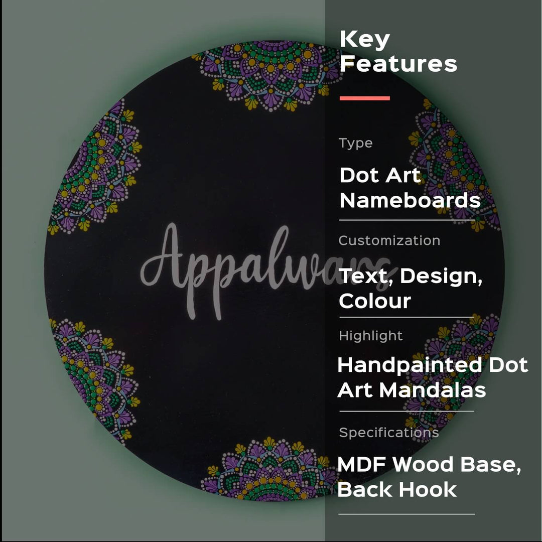 Dot Art Name Plate Big Circular Black 1 - Front View with Key Features Overlay