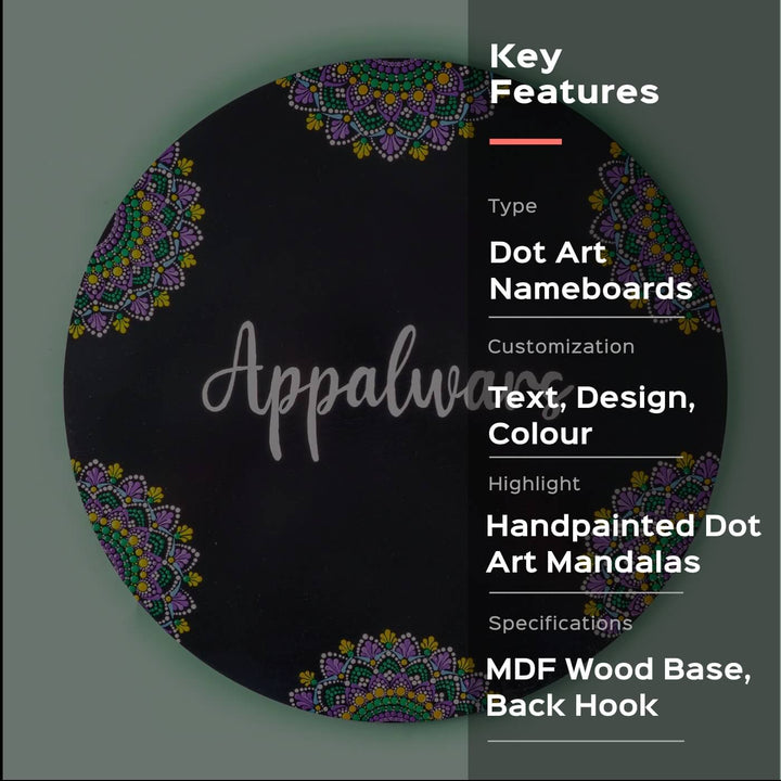 Dot Art Name Plate Big Circular Black 1 - Front View with Key Features Overlay