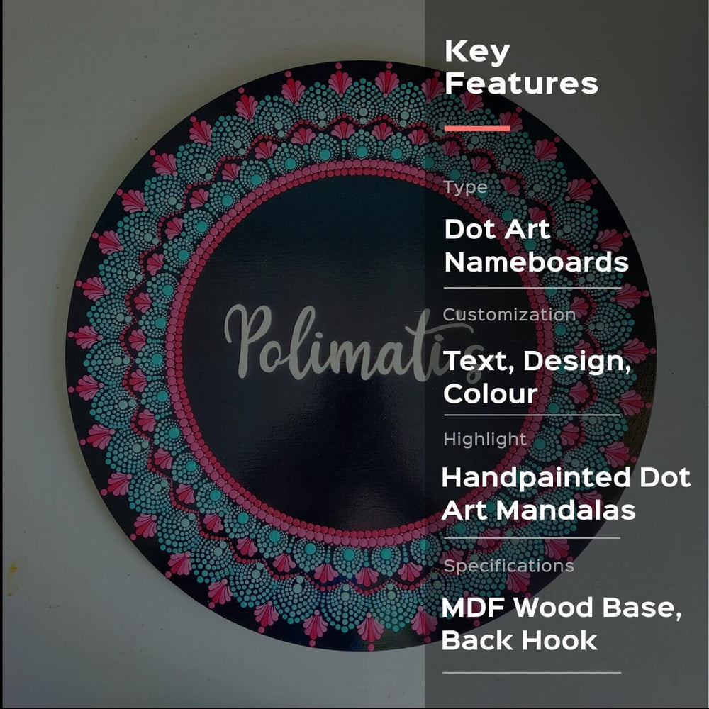 Circular Dot Art Name Plate Family Name - Front View with Text Overlay
