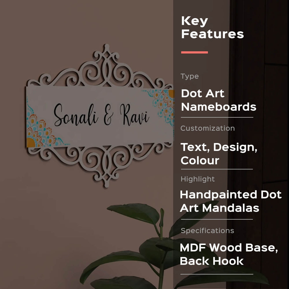 Dot Art Name Plate With Rectangular Cutwork White - Mounted on Wall with Back Hook