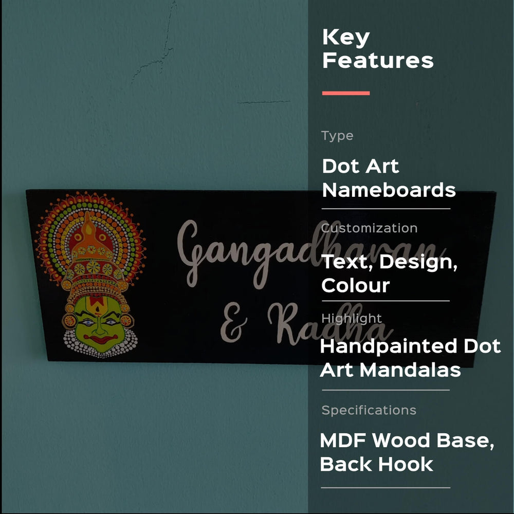 Small Dot Art Name Plate Kathakali Motif Couple Names - Mounted on Wall Close-up